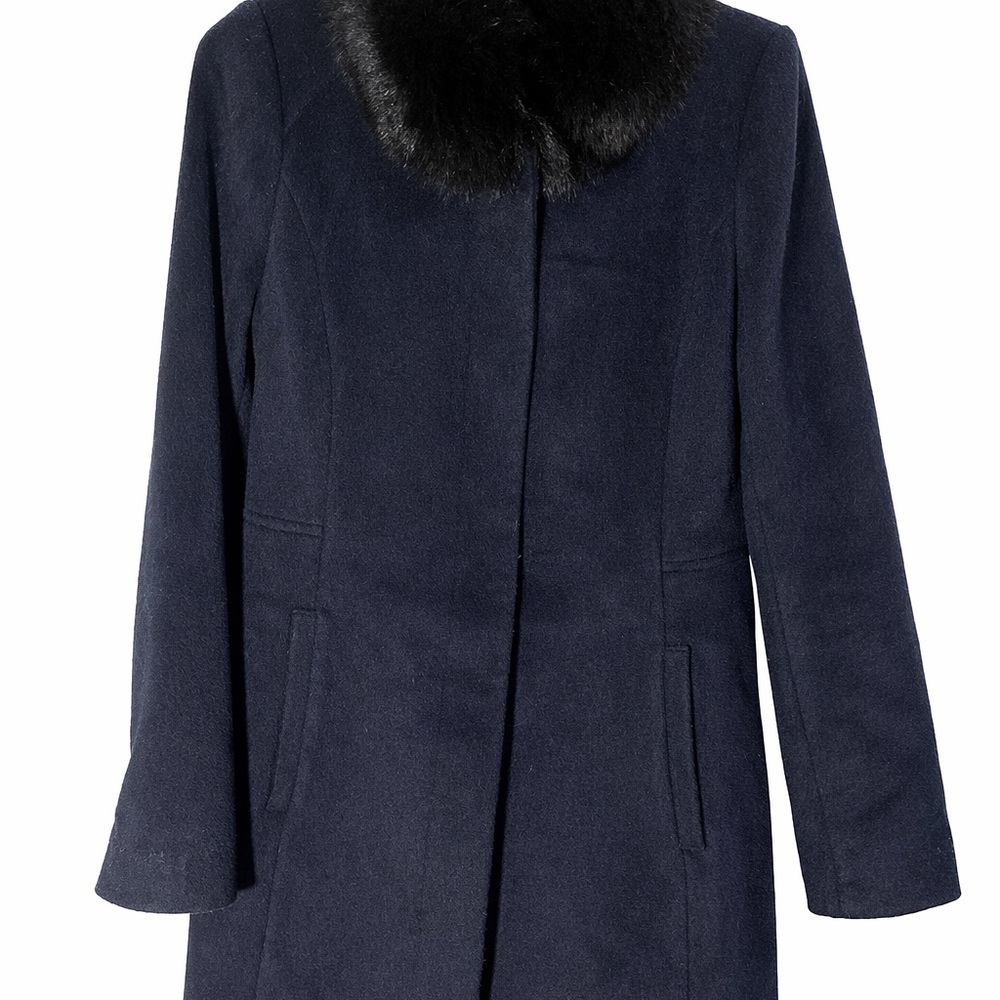 Genuine Fox fur collar, Elegant Wool Navy Women's Coat with Fox Fur Collar